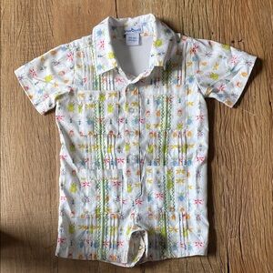 Blue Quail Baby Guayabera Beetle Print Shirt with vibrant colors